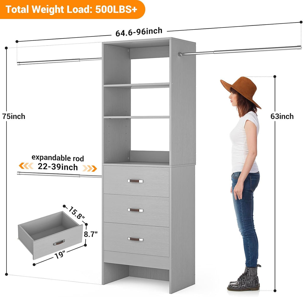 Homieasy 96 Inches Closet Organizer System, 8FT Customizable Walk In Closet Organizer with Hanging Rods, 3 Drawers Garment Rack with Leather Handle , 96' L x 16' W x 75' H, Max Load 1000 LBS, Grey