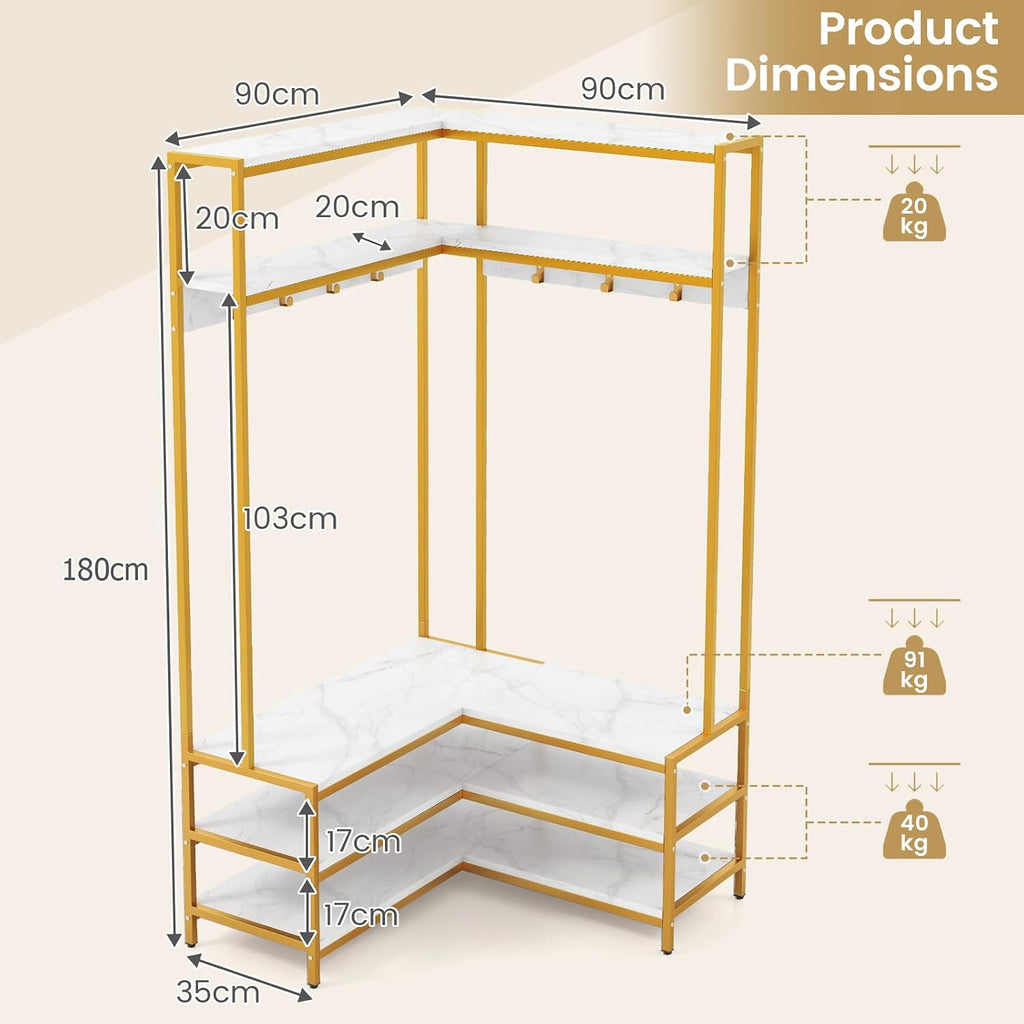 Multigot L-shaped Clothes Rack, Freestanding Corner Garment Rack Hall Tree with Shoe Storage Bench, Shelves and 7 Hooks, Metal Frame Coat Rack Stand Closet Storage Organizer (White+Golden)