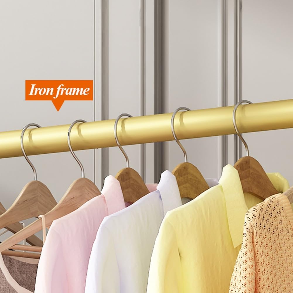 Freestanding Clothes Rack with Side Hooks and Storage Shelf, Heavy Duty Iron Pipe Garment Rack for Hanging Clothes, Clothes Organizer for Bedroom, Laundry Room, Height 158cm, Gold (Color : Gold, Siz