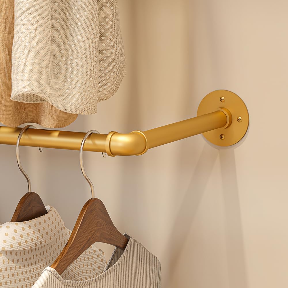KaKaBB Heavy Duty Gold Pipe Clothing Rack - Wall Mounted Industrial Clothes Rack, DIY Corner Closet System with Shelves, Adjustable Walk-in Closet Organizer (GOLD, 94.5')