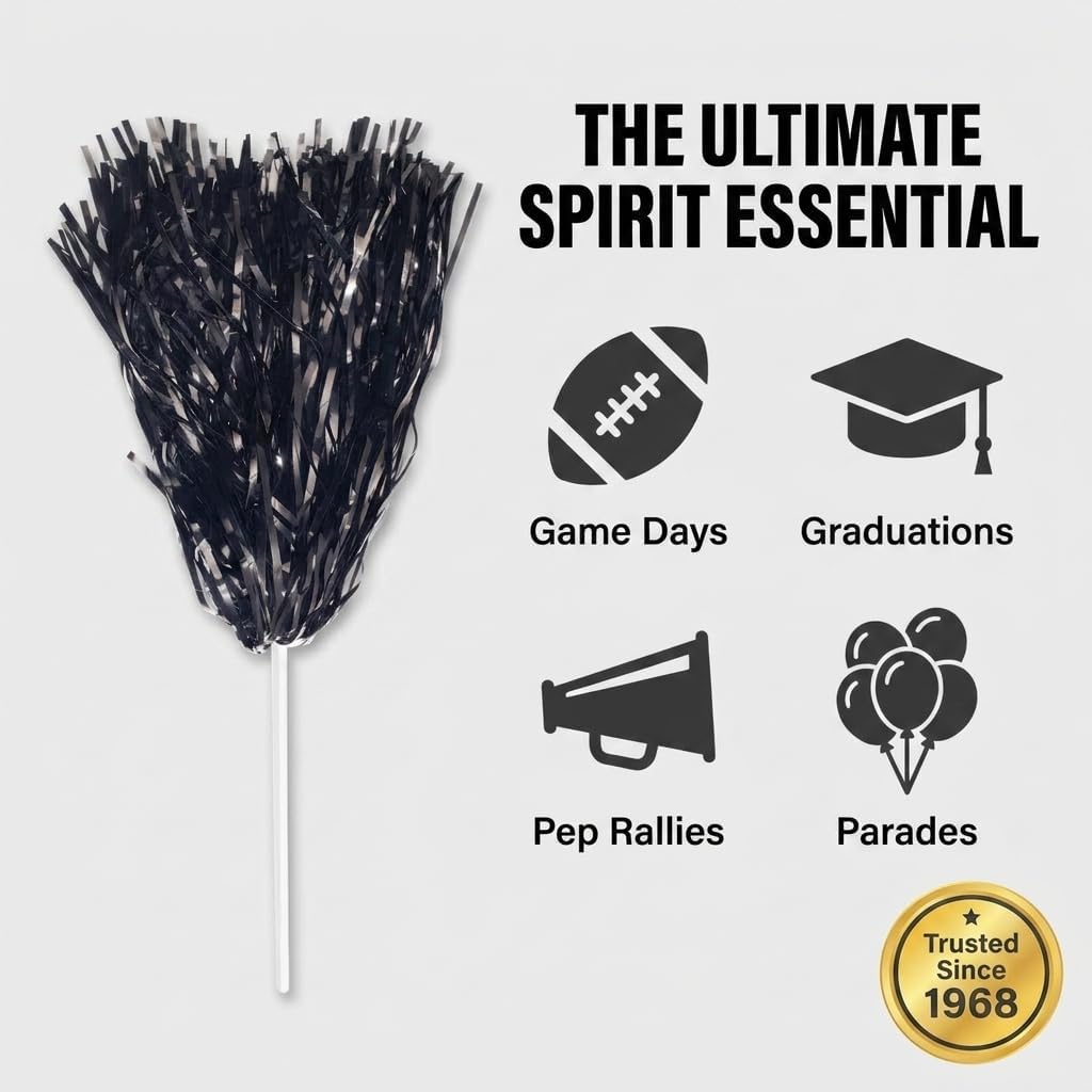 Anderson's Premium Metallic Black Foil School Spirit Shakers, Cheerleader Pom Poms, Sports Fan, Football, Basketball, Homecoming, Squad, Team, Party, Dance Club, Performance, Celebration Pack of 100