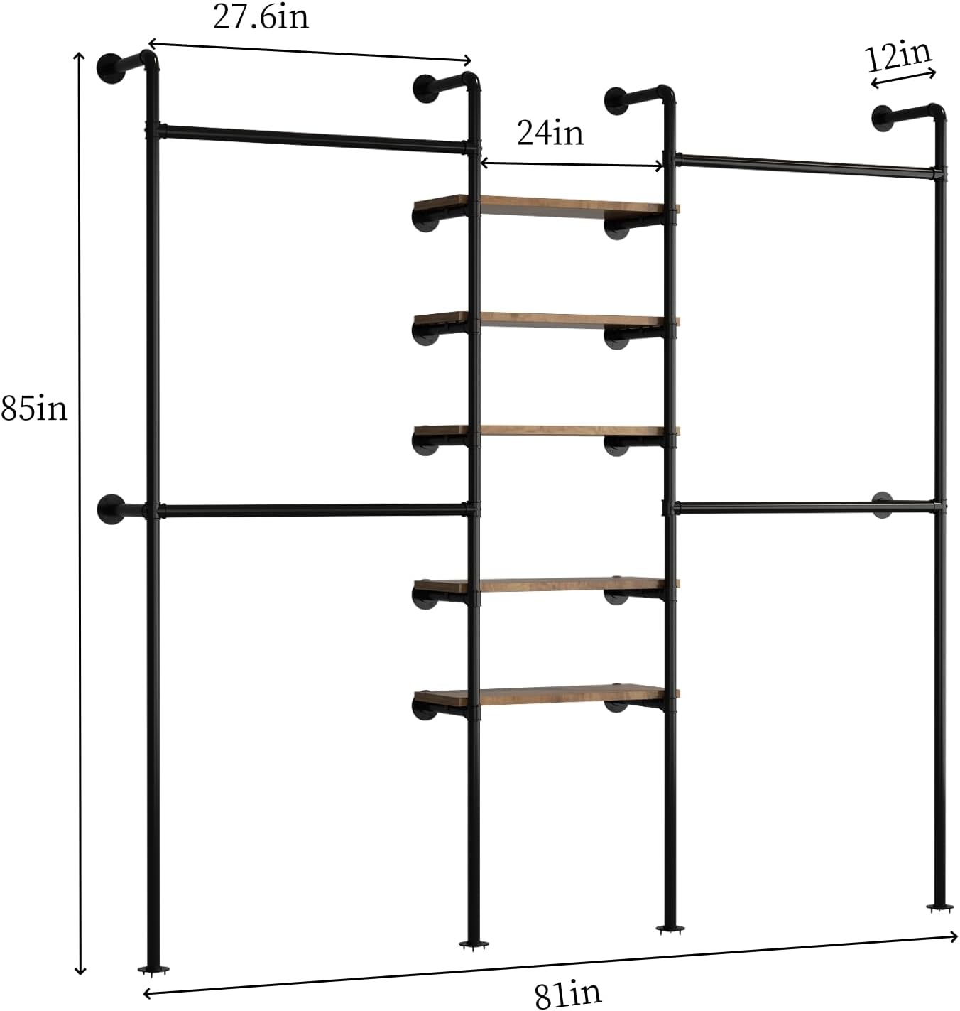 Industrial Pipe Clothing Racks with 5 Shelves, Wall Mounted Clothes Rack for Hanging Clothes, Black Wall Clothing Rack, Heavy Duty Clothes Rack for Walk in Closet, Laundry Room