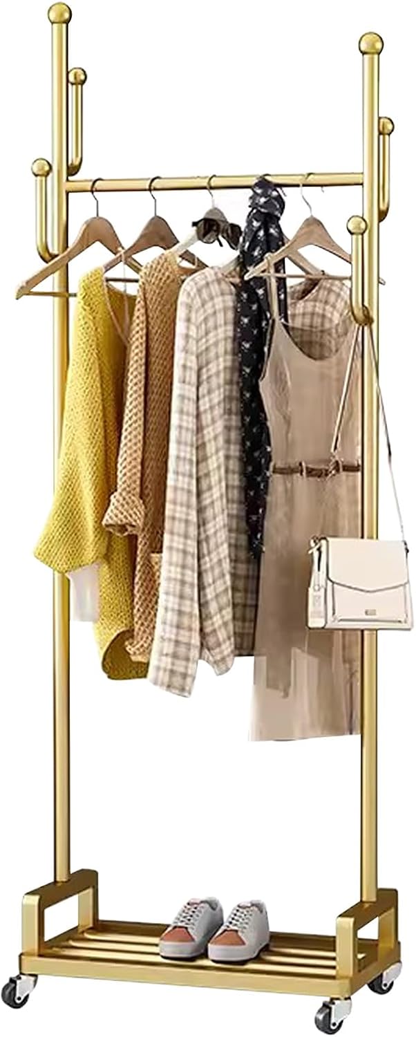 Heavy Duty Metal Clothes Rack with Rolling Wheels Storage Shelves and 6 Hooks Durable Garment Rack for Hanging Clothes,Gold-60 x 35 x 175 cm