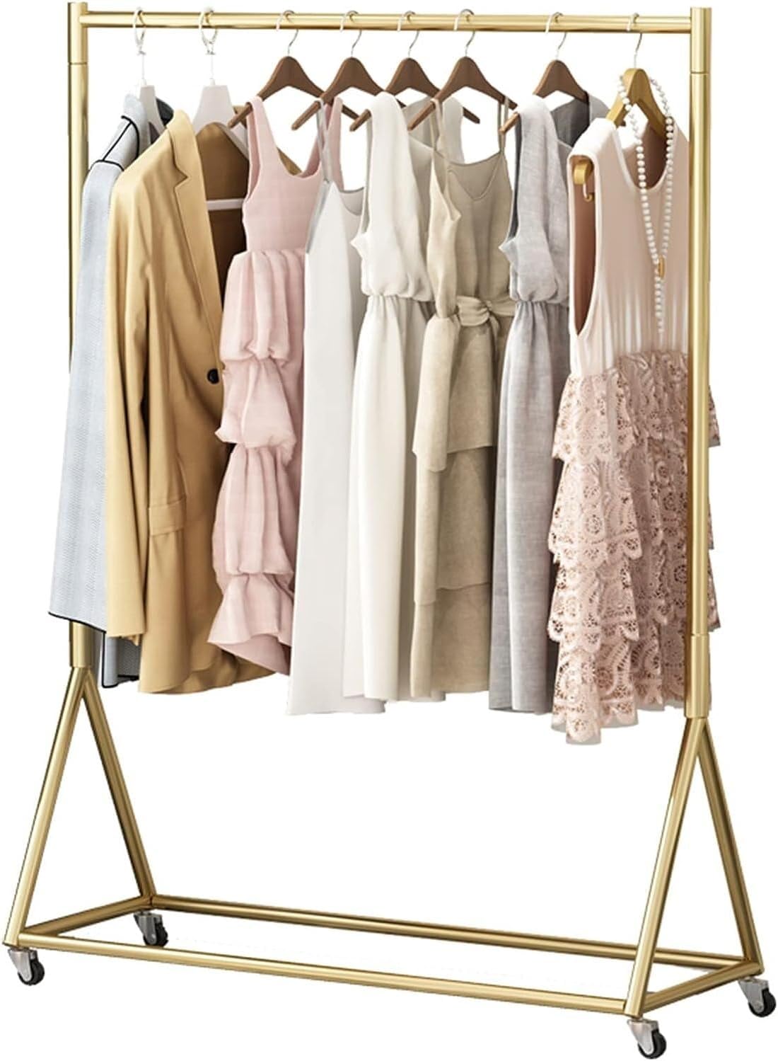 Heavy-Duty Multifunctional Clothing Rack with Wheels & Shelves, Gold Metal Garment Rack for Hanging Clothes, Large Capacity, 100x40x155CM, Perfect for Home & Retail Use