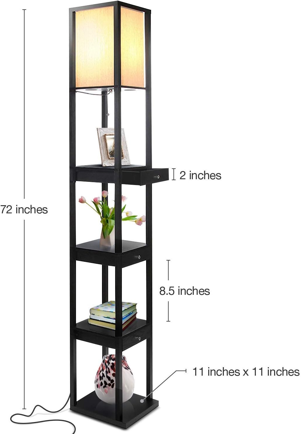 Brightech Maxwell Floor & Table Lamp Set of 2 - Modern Floor Lamp With Drawers And Nightstand Lamp with USB Port - Perfect for Bedrooms & Living Rooms, LED Bulb, Wood Frame, Soft Ambient Light - Black