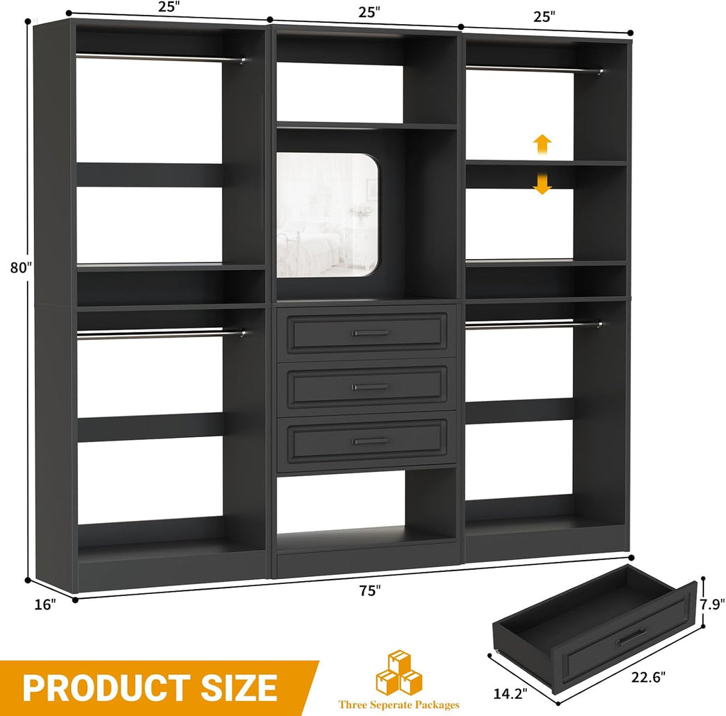 Unikito Modular Closet System with 3 Sets, 75'Closet Organizer System with Drawers, Mirror, Hanging Rods and Adjustable Shelves, Freestanding Wood Wardrobe Garment Rack, Walk in Closet Tower, Black