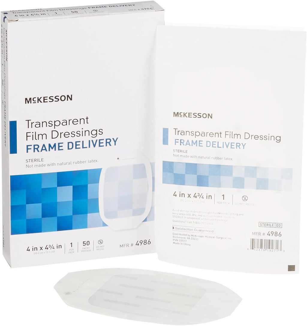McKesson Transparent Film Dressing, Sterile, Frame Delivery, 4 in x 4 3/4 in, 50 Count, 4 Packs, 200 Total