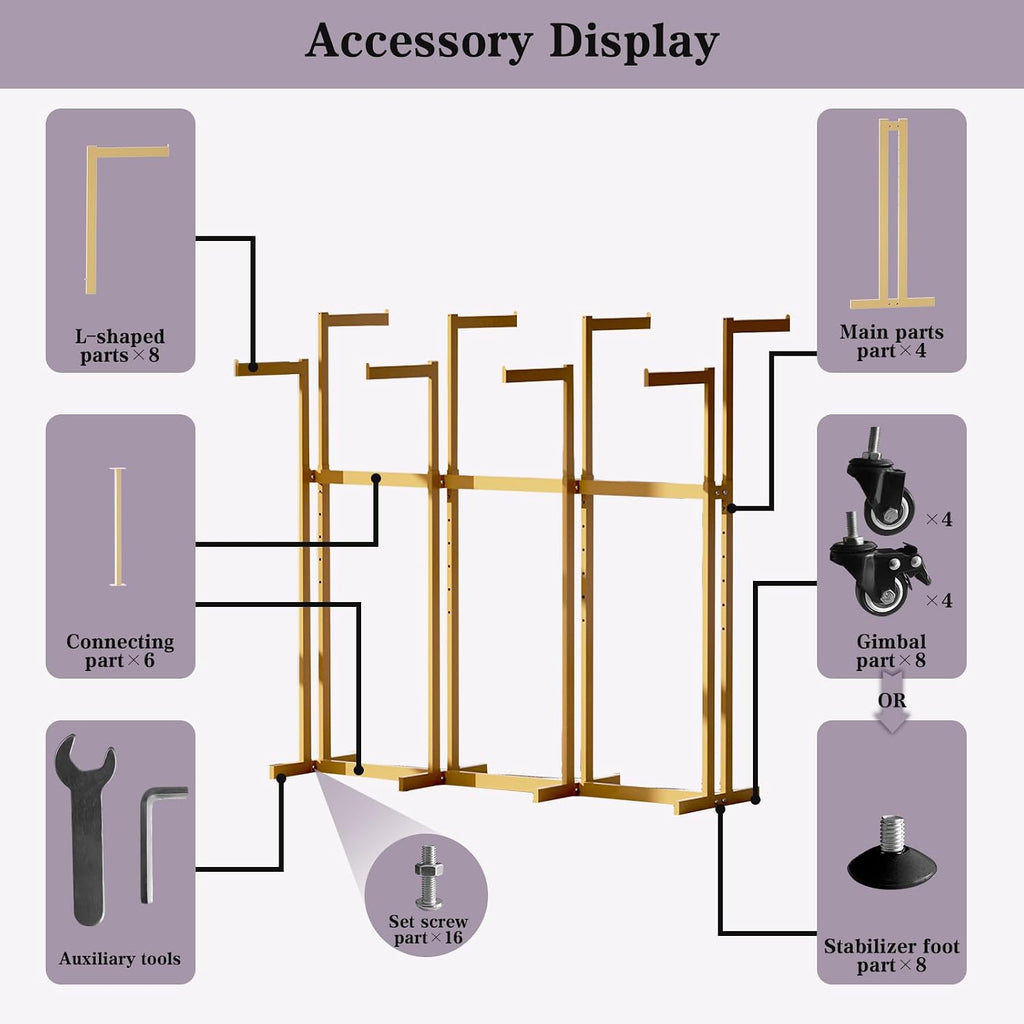 Retail Clothing Rack - for Hanging Clothes - Rolling Metal Garment Racks Heavy Duty, Gold Commercial Clothing Display Rack with Wheels, Tall Sturdy Stand Clothing Racking (8 Arm,Gold)