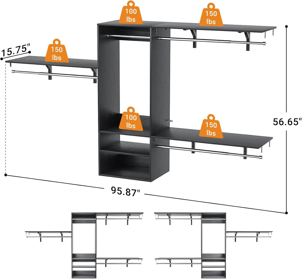 Besiost 8FT Hanging Closet System, 96 Inch Closet Organizer System with Hanging Rod, Walk In Mounted Closet System, Built-In Clothes Garment Rack with 3 Shelving Towers(Can Be Cut To Fit), Black