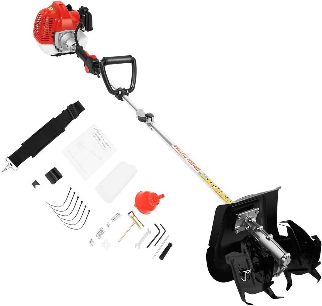 2 Stroke Tiller Cultivator, 51.7CC 6500RPM Garden Mini Tiller Rototiller Gas Powered Rotary Cultivator Handheld Single-Cylinder Rototiller Garden Tool with 1.1L Fuel Tank for Farm Loose Soil Weeding