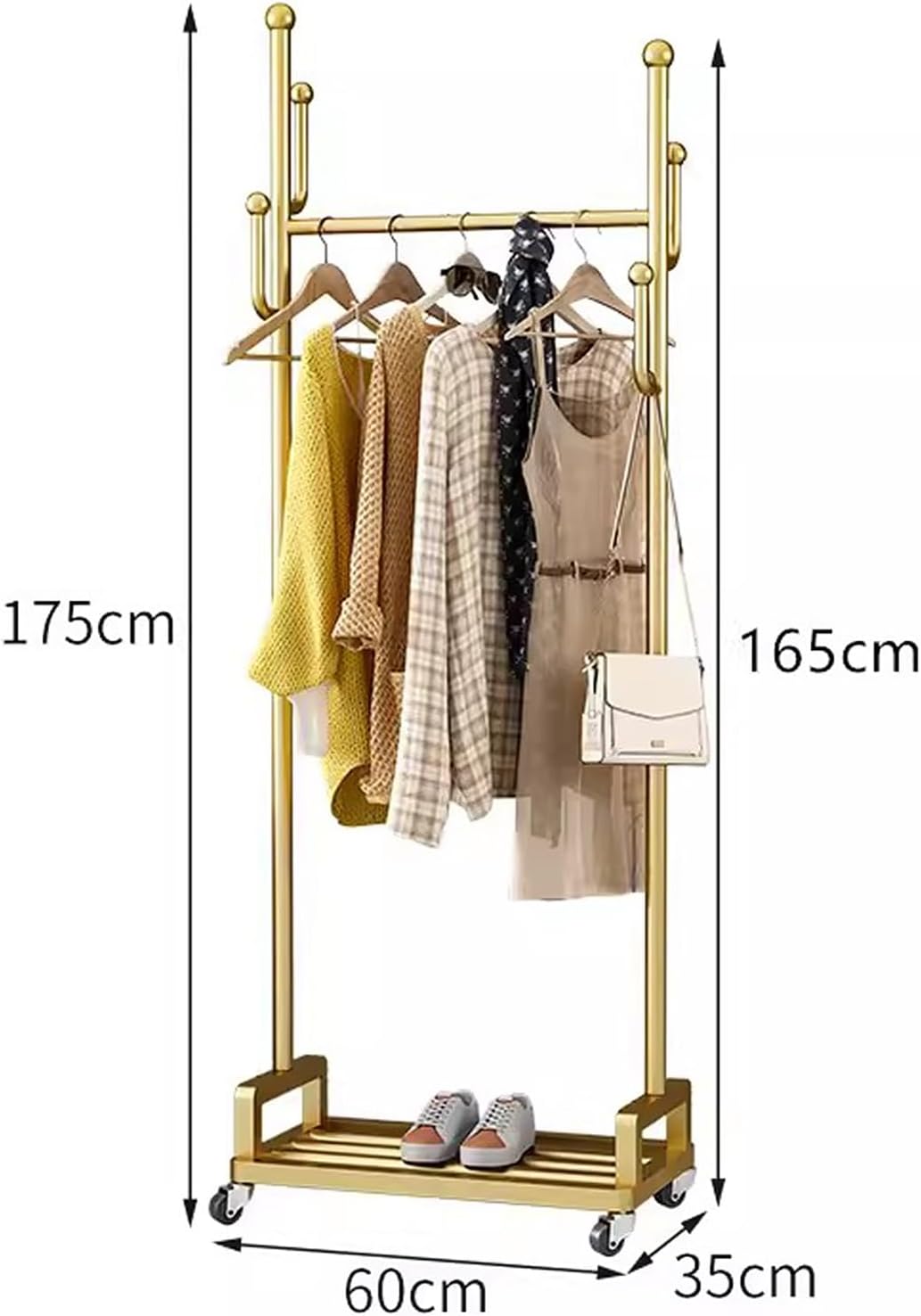 Heavy Duty Metal Clothes Rack with Rolling Wheels Storage Shelves and 6 Hooks Durable Garment Rack for Hanging Clothes,Gold-60 x 35 x 175 cm