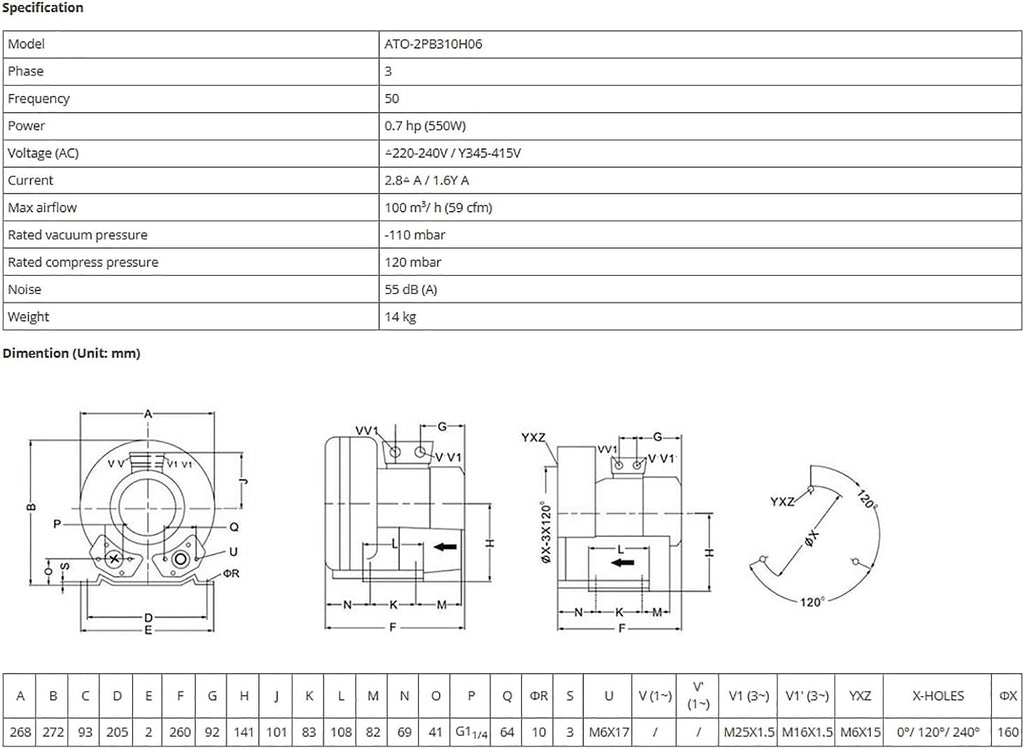 ATO Regenerative Blower for Air Blowing/Suction,3 Phase 0.7 hp (550W) 380V Quiet 59CFM Industrial Vacuum Pump Blower,for Heavy Duty Aquarium Aerator