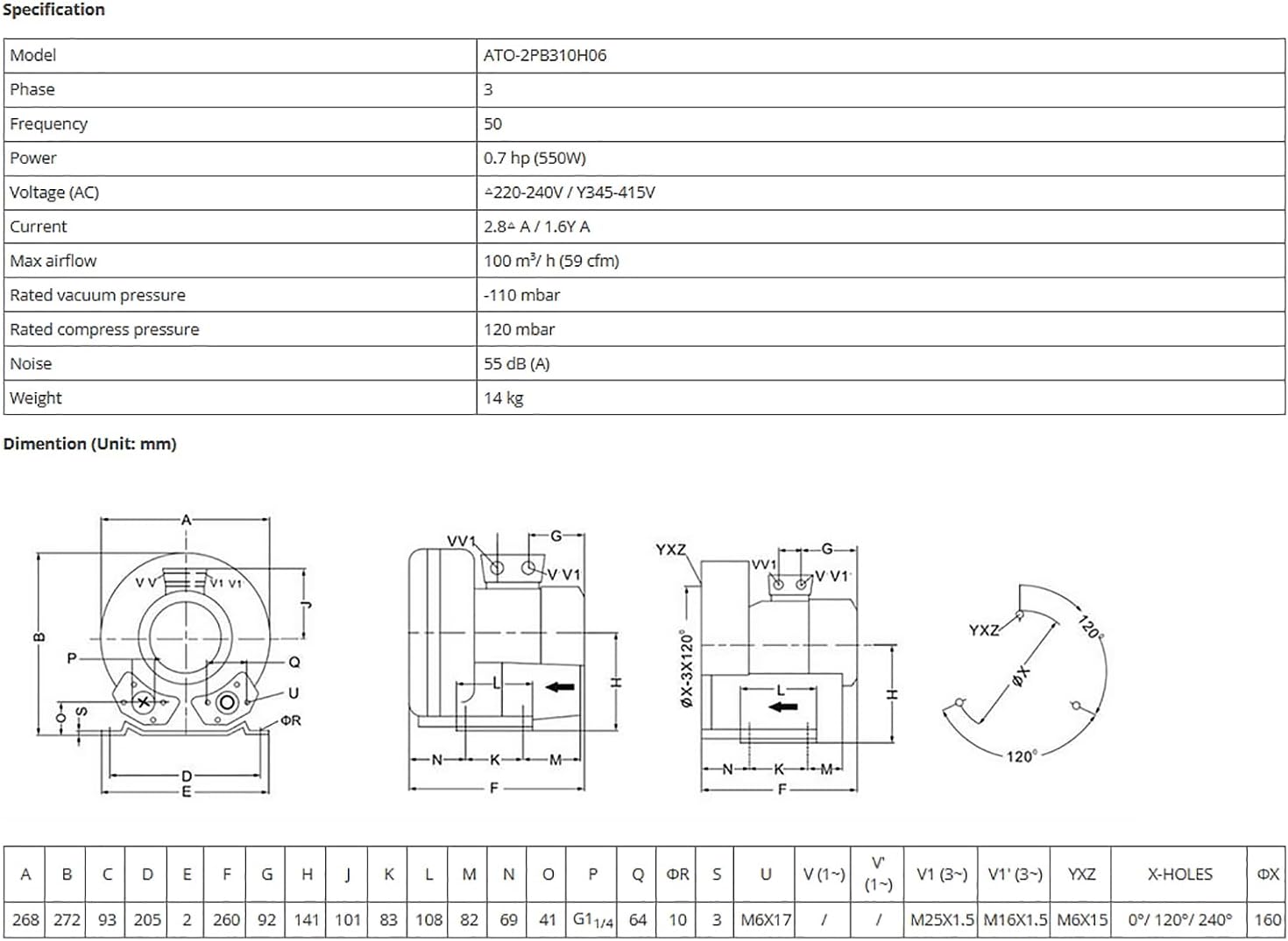 ATO Regenerative Blower for Air Blowing/Suction,3 Phase 0.7 hp (550W) 380V Quiet 59CFM Industrial Vacuum Pump Blower,for Heavy Duty Aquarium Aerator