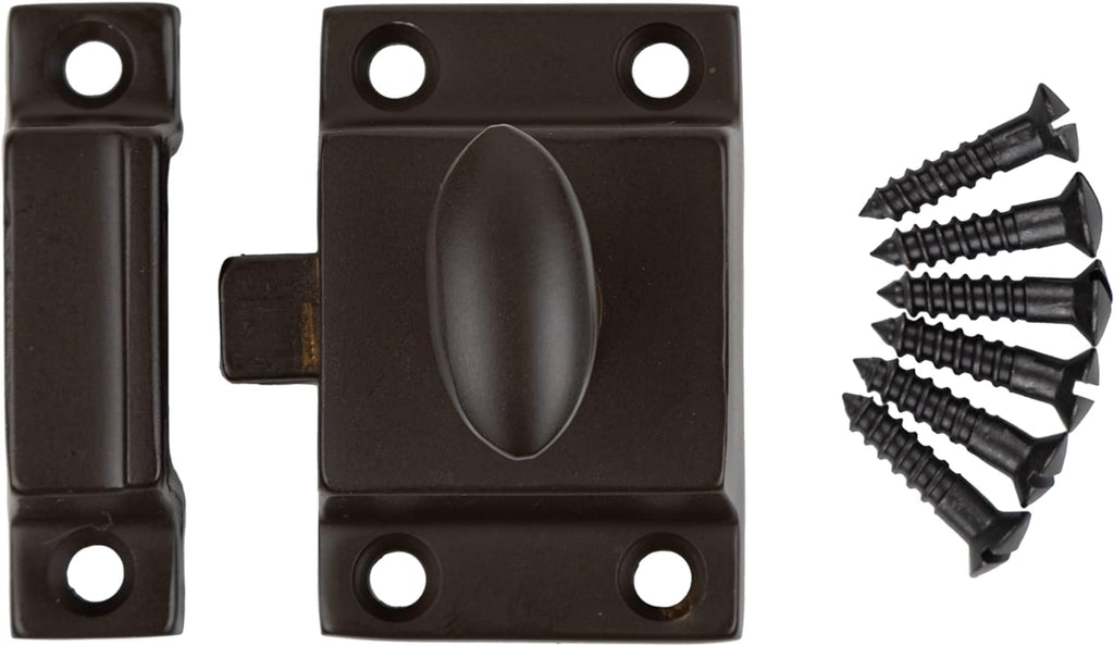 Small Heavy Duty Oil Rubbed Bronze Cabinet Door Latch - 1-3/4' × 1-3/4' - Spring Loaded Cupboard Door Latch with Oval Turn - Vintage Cabinet Hardware | UA-101-LOB (4)