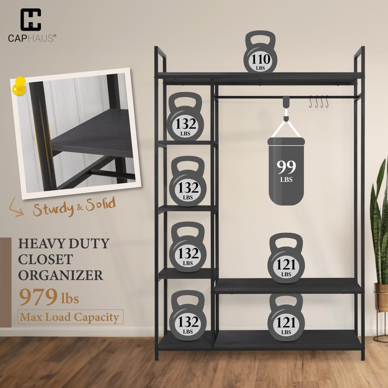 Fencer Wire Heavy Duty 979lbs Freestanding Closet Organizer w/Hanging Rods & Fabric Drawers, Garment Rack, Metal Clothes Rack w/Wood Shelves, Freestanding Closet Wardrobe, Black Vintage Board