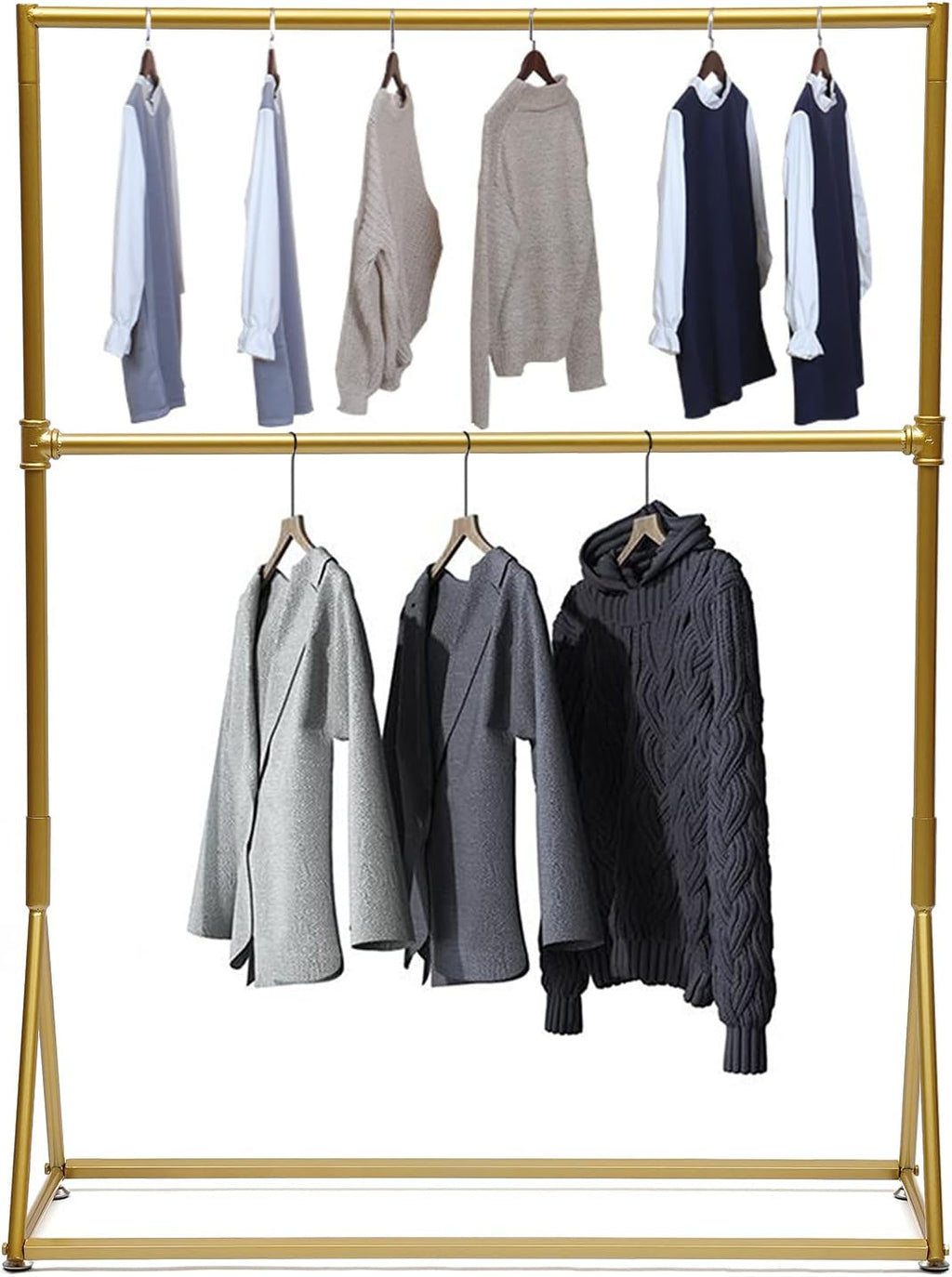 2-Tier Industrial Vintage Gold Clothes Rack, Freestanding Garment Rack with 2 Shelves, Heavy Duty Clothing Display Stand for Living Room, Bedroom, Entryway, Clothing Store (47.2x15.7x62.9 inch)