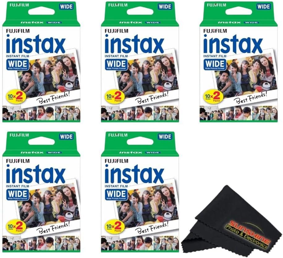 Fujifilm Instax Wide Instant Film Twin Pack with Sunshine Photo Microfiber Cloth... (5 Pack-100 Exposures)