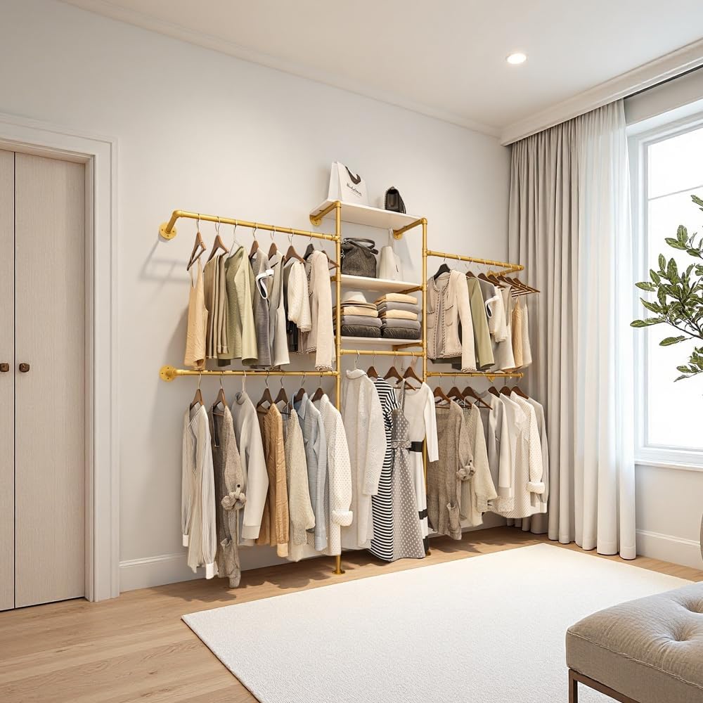 KaKaBB Heavy Duty Gold Pipe Clothing Rack - Wall Mounted Industrial Clothes Rack, DIY Corner Closet System with Shelves, Adjustable Walk-in Closet Organizer (GOLD, 94.5')