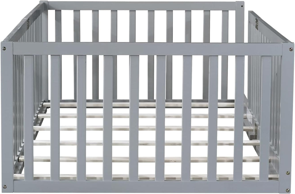 Twin Size Floor Bed with 21.5' High Rails, Solid Rubber Wood Montessori Bed Twin for Boys Girls, Low Profile Kids Beds Frame with 6 Slats, No Box Spring Needeed, Grey
