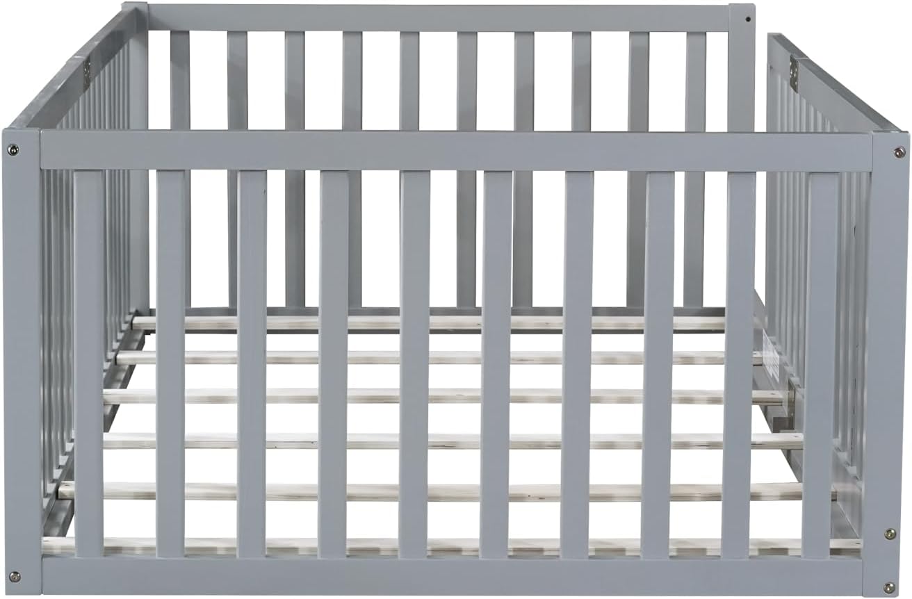 Twin Size Floor Bed with 21.5' High Rails, Solid Rubber Wood Montessori Bed Twin for Boys Girls, Low Profile Kids Beds Frame with 6 Slats, No Box Spring Needeed, Grey
