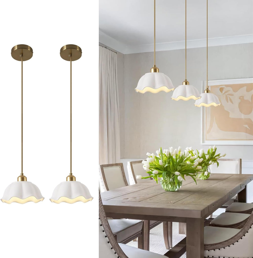 Ceramic Pendant Light Set of 2 with Retro White Dome Lampshade Modern Ceiling Hanging Lamp Adjustable Nordic Mid Century Pendant Light for Kitchen Island Bedroom Restaurant