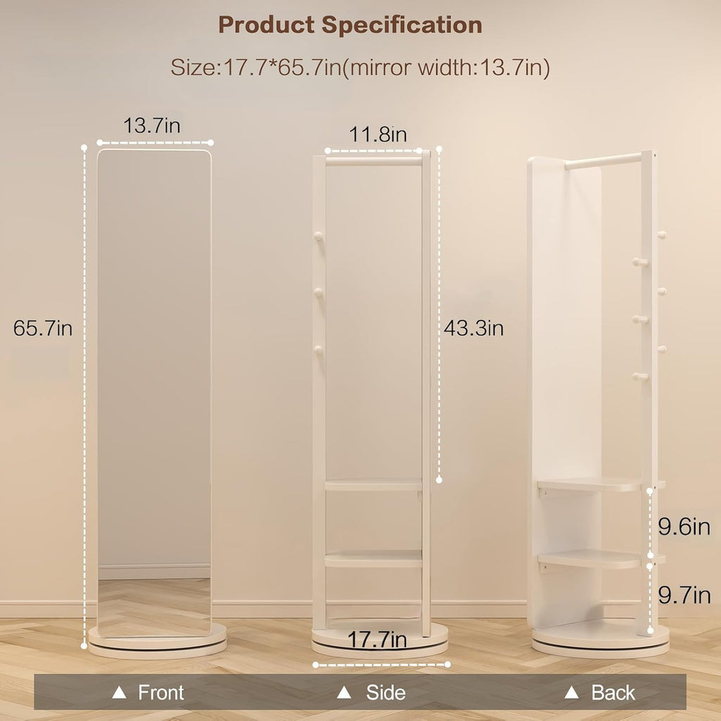 BOWEI Solid Wooden Coat Rack, Free Standing Coat Stand with Full Length mirror, Hall Coat Tree with Hooks and Storage Shelf for Coats, Hats, Bags, for Entryway, Hallway, Bedroom (White)