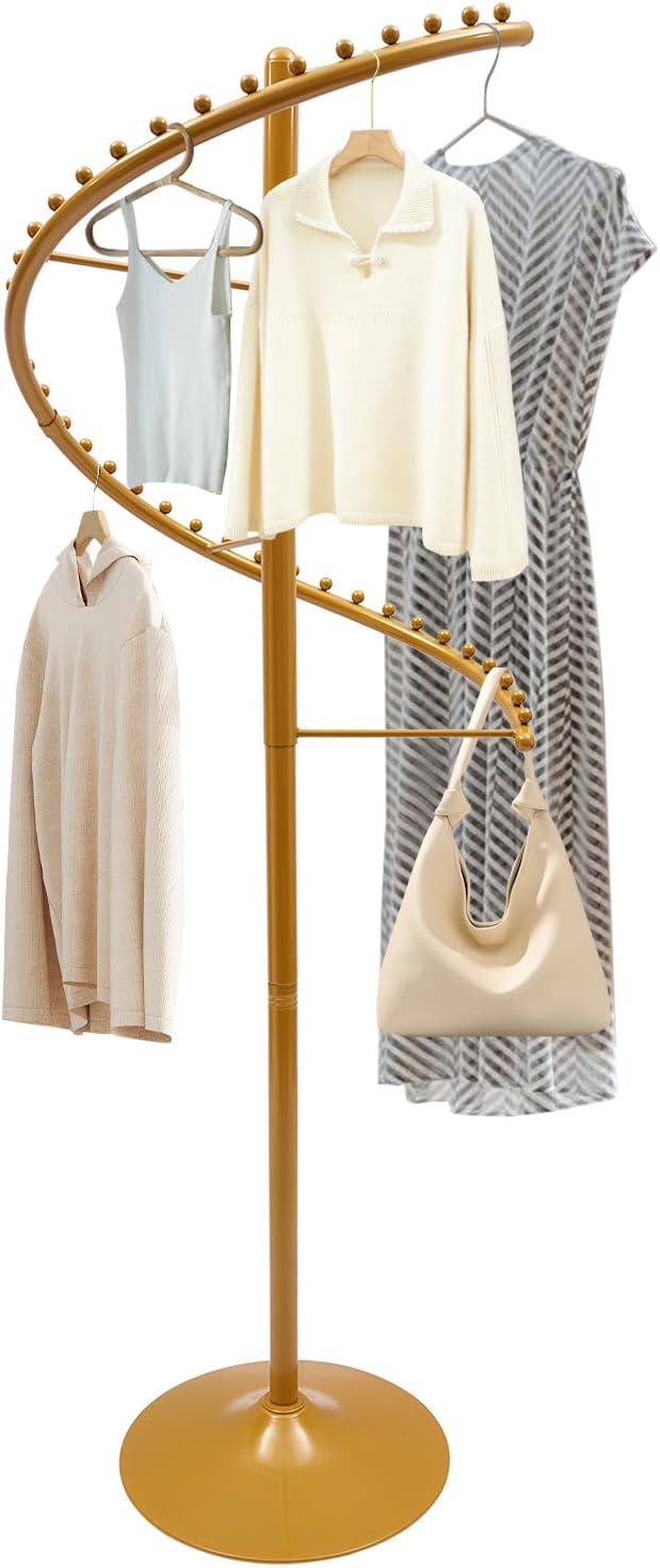 Rotating Clothing Rack 360° Spiral Clothing Rack Floor Standing Spiral Rotating Garment Racks Retail Clothes Display Stand for Bedrooms, Laundry Rooms, Retail Stores (5.91ft, Gold)