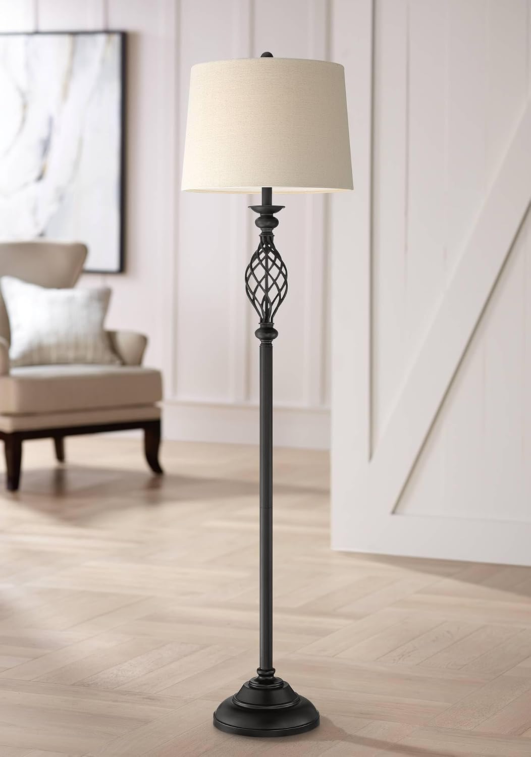 Franklin Iron Works Annie Traditional 63' Tall Standing Floor Lamps Set of 2 Lights Iron Scroll Brown Bronze Finish Living Room Bedroom House Reading Office Home Decor Entryway Cream Drum Shade
