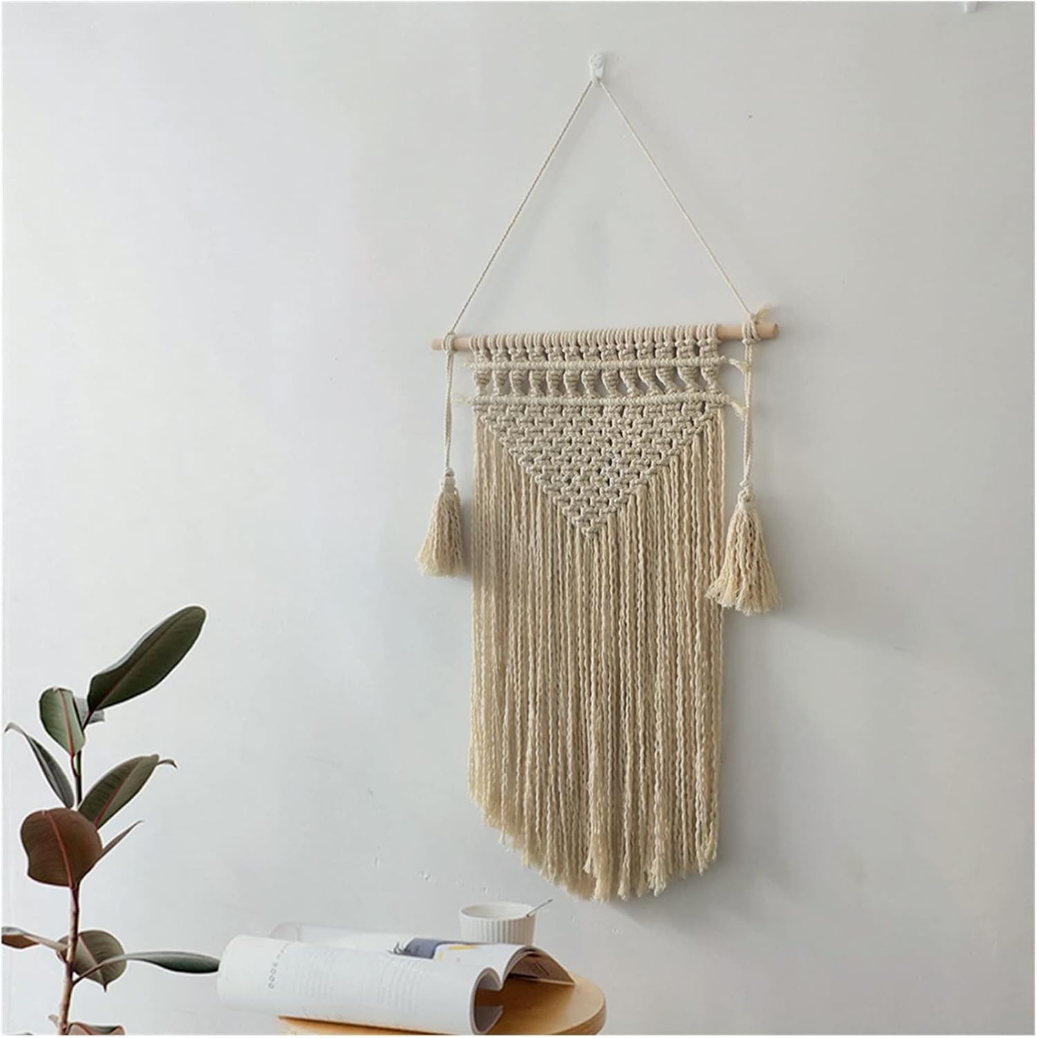 Tapestry Macrame Wall Hanging Tapestry with Tassel Large Woven Bohemian Wedding Backdrop Decor (Beige 60x45cm)