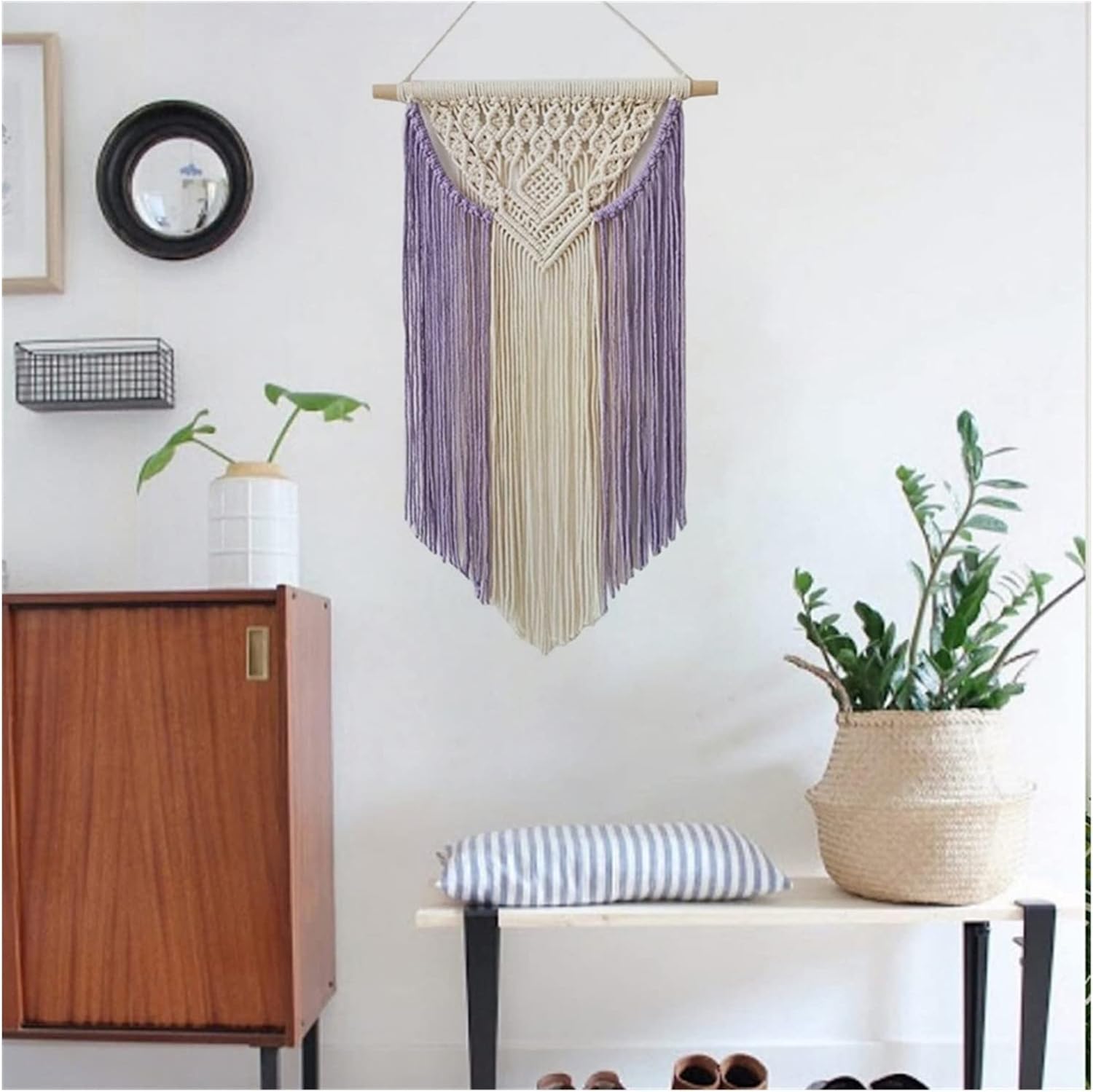 Tapestry Macrame Wall Hanging Tapestry Chic Geometric Tassels Tapestry Apartment Bedroom Bohemian Decoration (Purple)