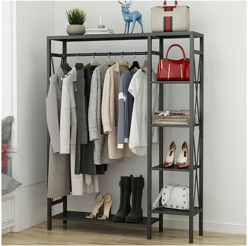 Metal Clothing Rack With Rods Freestanding Garment Rack For Hanging Clothes Organizer Wardrobe With 6-Tier Storage Shelve For Bedroom, Entryway (Color : Svart, Size : 90cm)