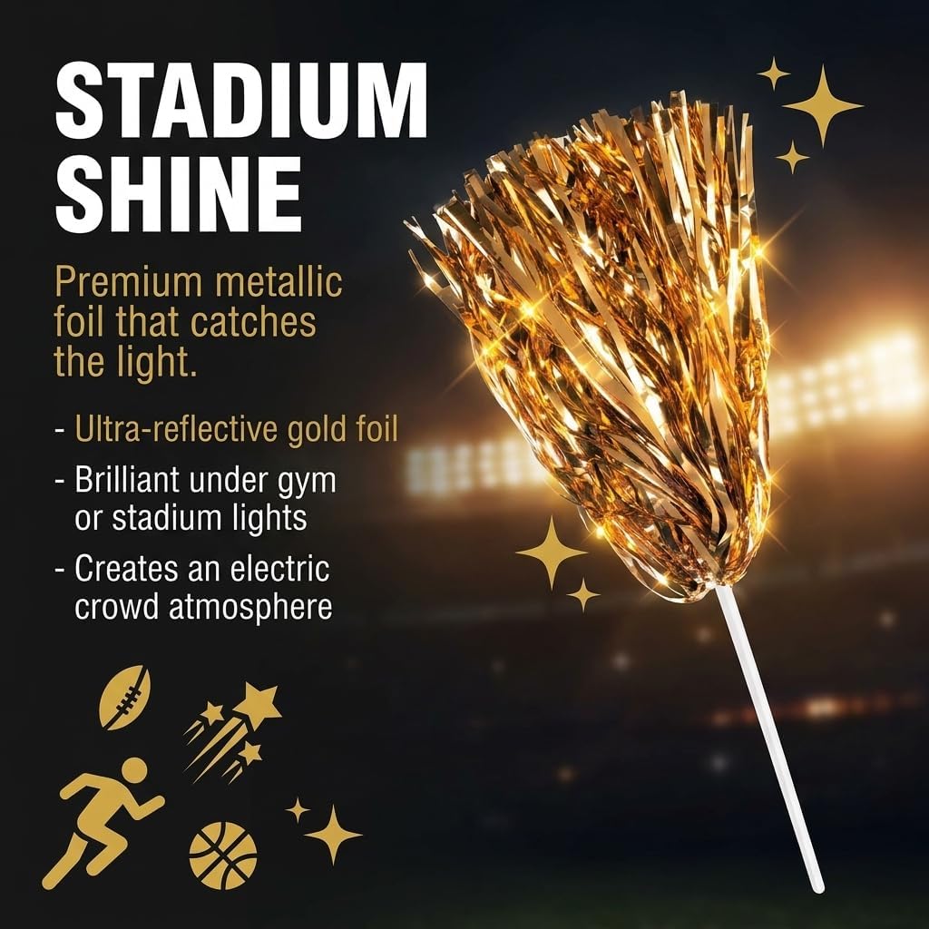 Anderson's Premium Metallic Gold Foil School Spirit Shakers, Cheerleader Pom Poms, Sports Fan, Football, Basketball, Homecoming, Squad, Team, Party, Dance Club, Performance, Celebration Pack of 50