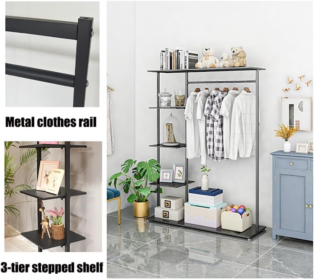 5-Tier Clothing Rack, Free Standing Garment Rack with Shelves for Home,Storage Display Stand for Clothes, Shoes, Accessories – Metal Frame, Space-Saving(Black,47IN)