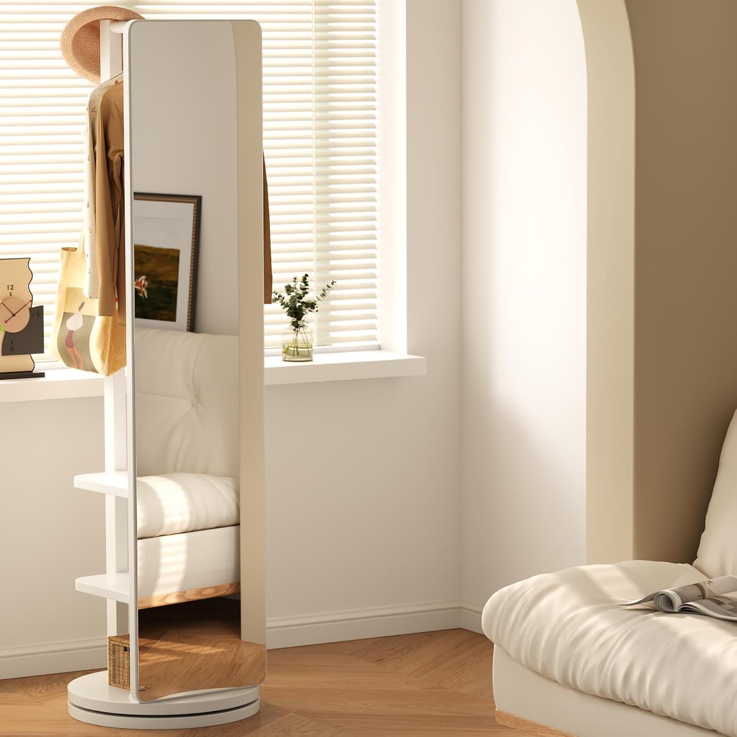 BOWEI Solid Wooden Coat Rack, Free Standing Coat Stand with Full Length mirror, Hall Coat Tree with Hooks and Storage Shelf for Coats, Hats, Bags, for Entryway, Hallway, Bedroom (White)