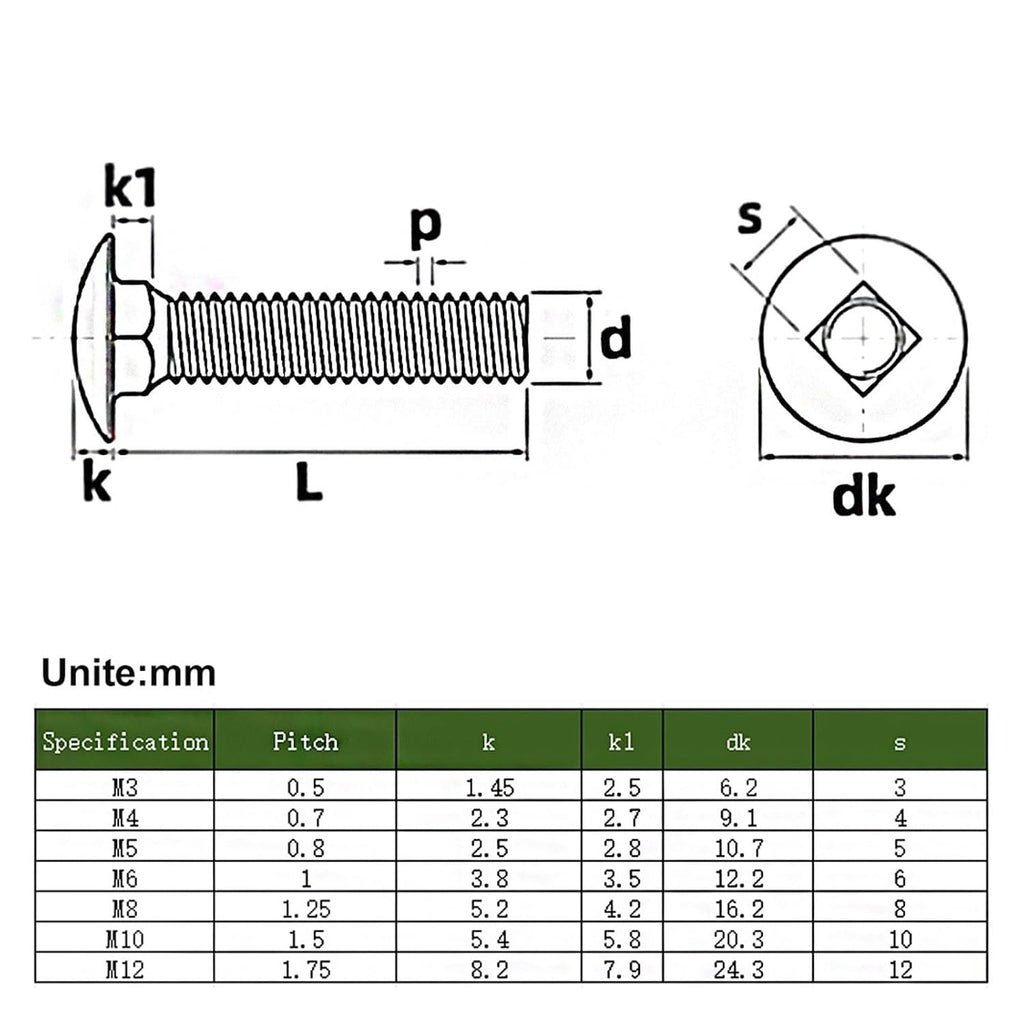 5pcs/lot M3 M4 M5 M6 M8 M10 M12 10-30mm Length Carriage Bolt 304 Stainless Steel Round Head Square Neck Screw DIN603 TREXCFGH(100mm,M12 x5pcs)