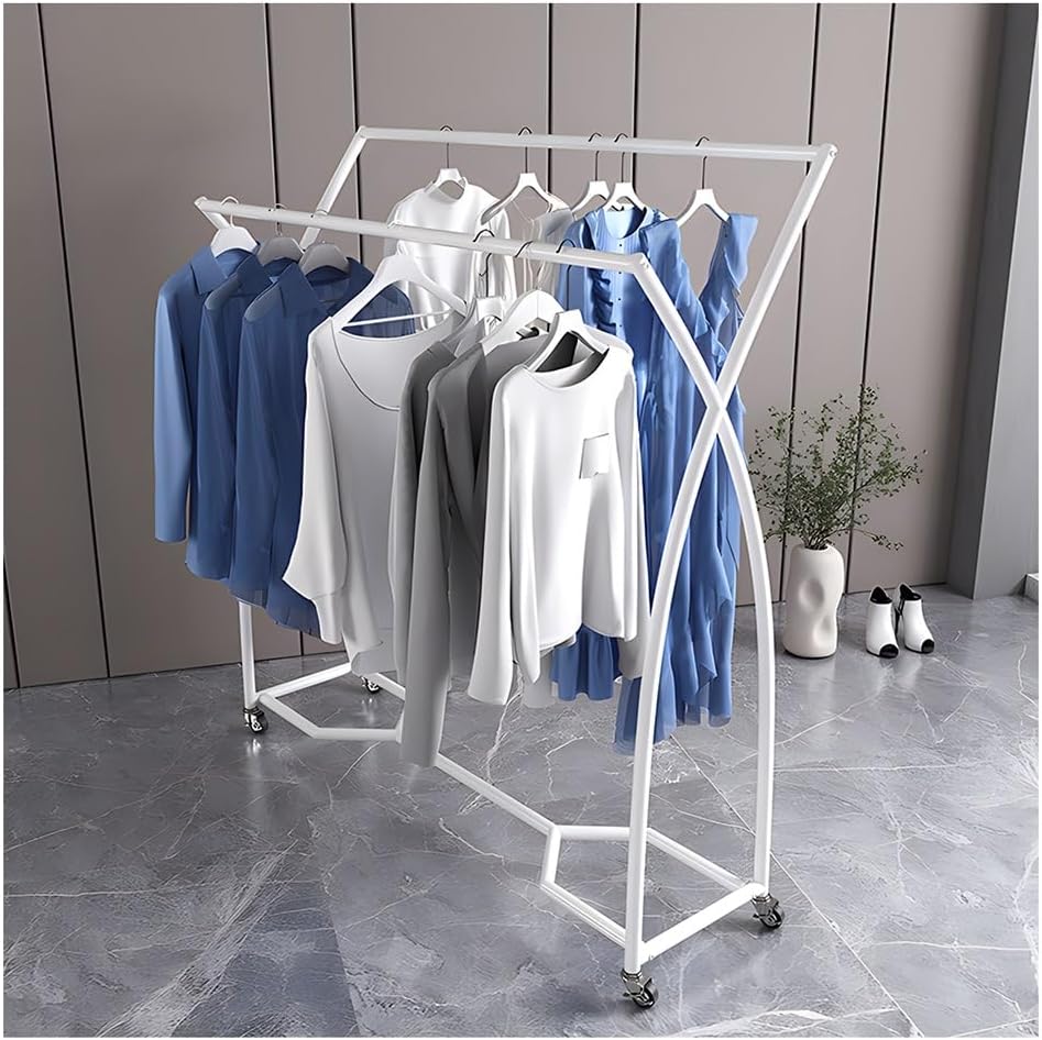 Double Rods Garment Rack with Wheels - Portable Clothing Hanging Garment Rack - Clothing Rack for Hanging Clothes,White-120X50X145 Cm