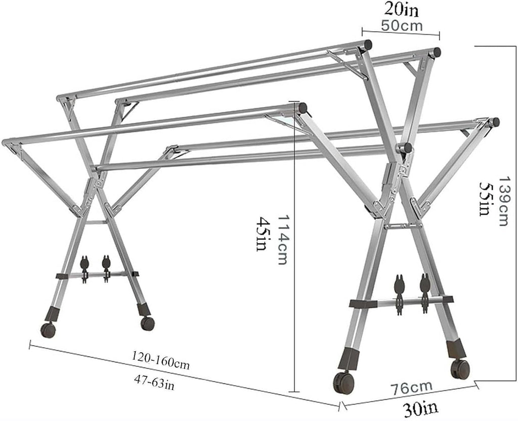 Drying Clothes Rack 160cm/63in, Outdoor Laundry Drying Rack with 4 Wheels, Laundry Drying Rack Folding 5 Rod, No Assembly Required, for Hanging Clothes