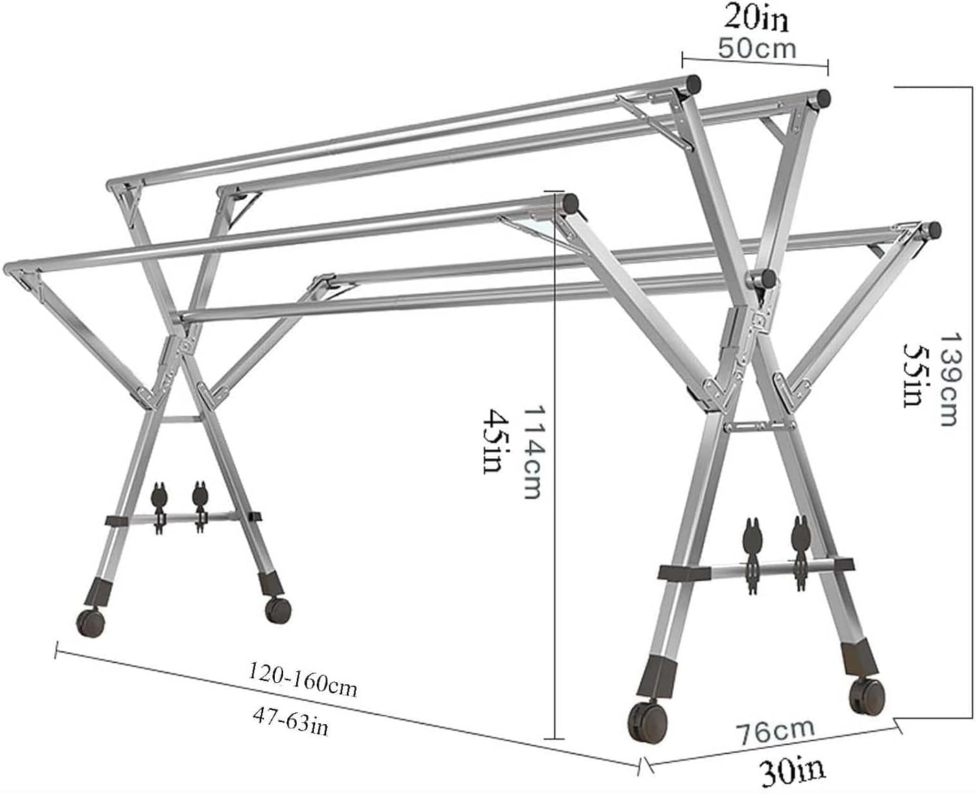 Drying Clothes Rack 160cm/63in, Outdoor Laundry Drying Rack with 4 Wheels, Laundry Drying Rack Folding 5 Rod, No Assembly Required, for Hanging Clothes