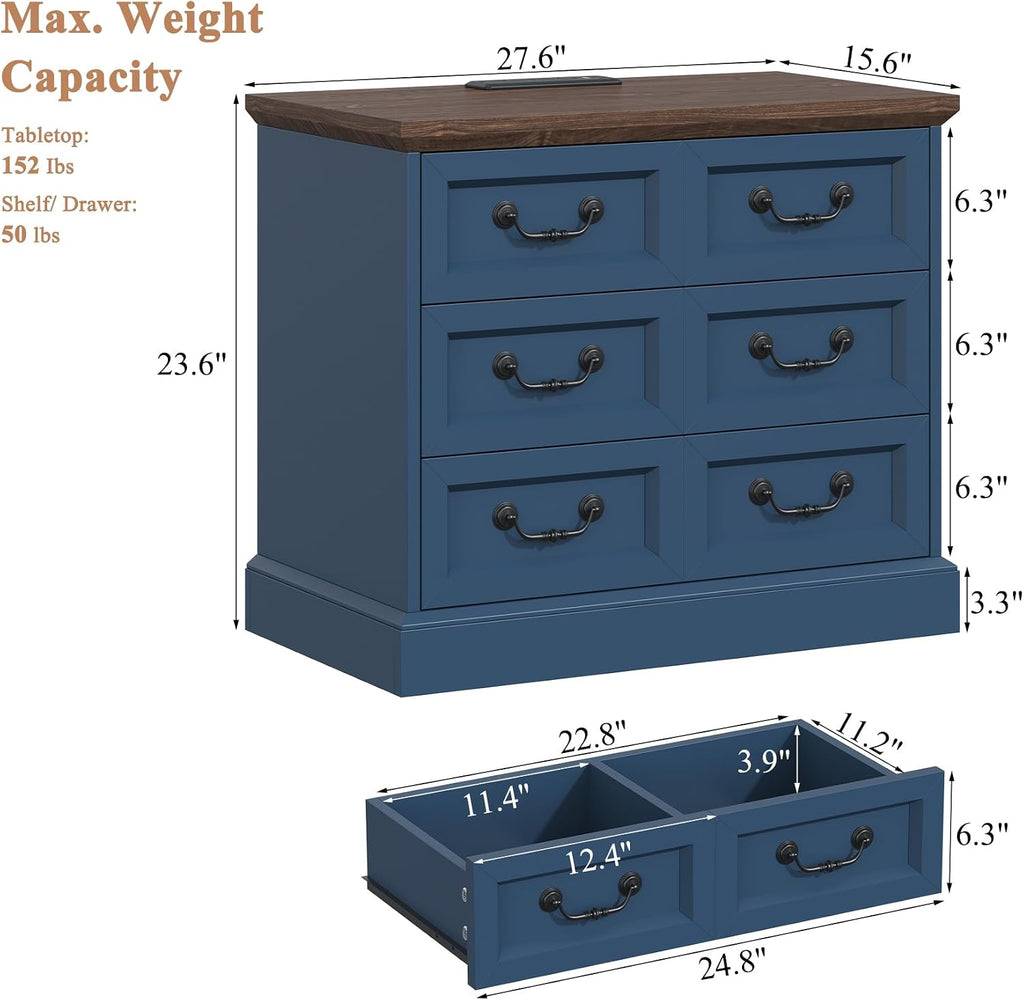 VVFLU 27.6' Wide Farmhouse Nightstand with Charging Station, 3 Drawer Nightstands Set of 2, Larger Side Table End Table, Modern Night Stand for Bedroom, Living Room, Blue Nightstand