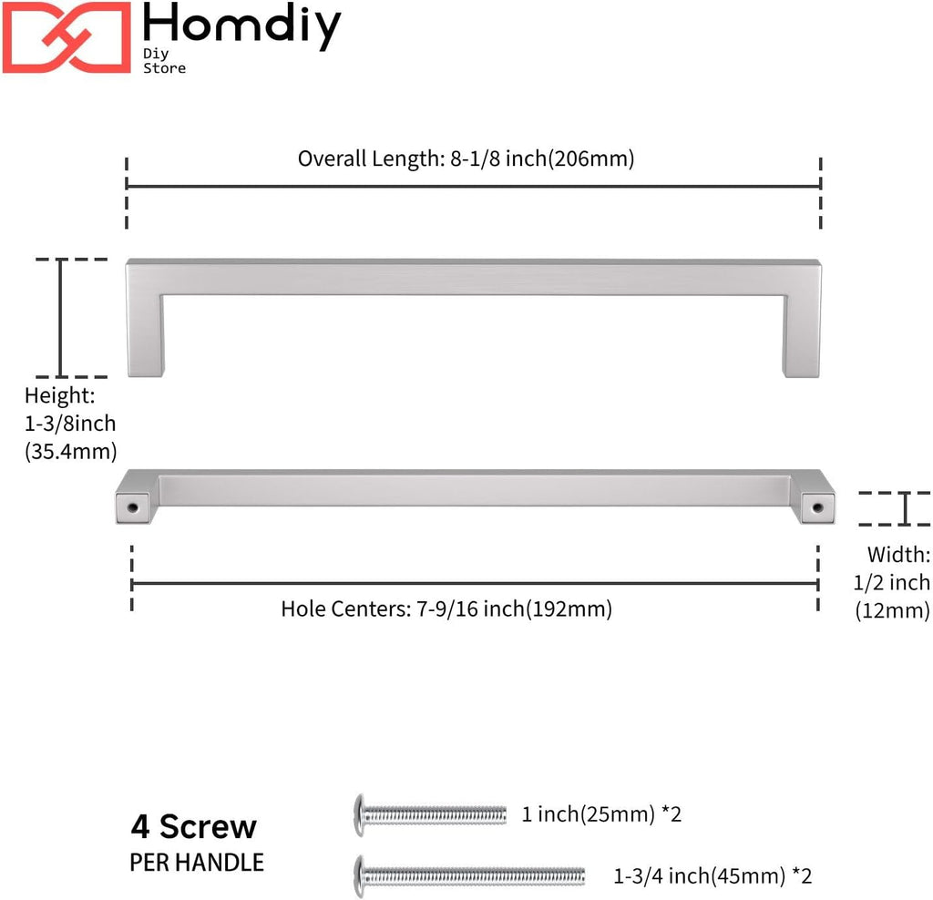 homdiy 35 Pack 7-1/2 Inch Brushed Nickel Cabinet Pulls Square Dresser Handles Stainless Steel Hardware for Drawer, Cupboard