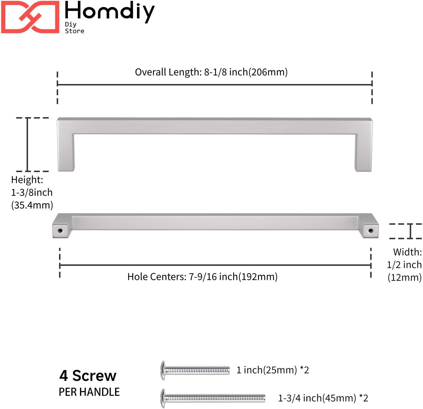 homdiy 35 Pack 7-1/2 Inch Brushed Nickel Cabinet Pulls Square Dresser Handles Stainless Steel Hardware for Drawer, Cupboard
