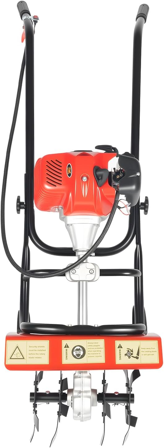 Gas Rototiller, 2-Stroke 52CC 1.9kw Mini Gasoline Tiller, Hand-Pull Recoil Start Gas Power Garden Tiller Cultivator, Mini Garden Tiller Rototiller, Hand Push Rotary Cultivator for Sandy Land Loose