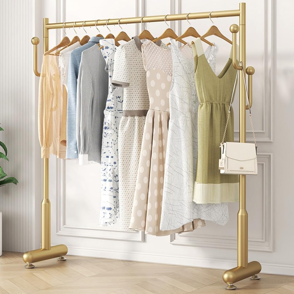 Freestanding Clothing Garment Rack for Hanging Clothes, Metal Clothes Organizer for Bedroom, Laundry Room, Single Rail with Side Hooks (Color : Gold, Size : 60x40x130cm)