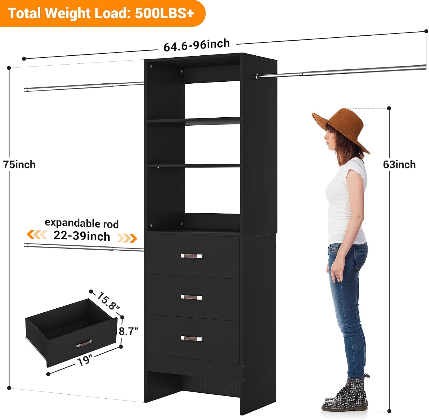 Homieasy 96 Inches Closet Organizer System, 8FT Customizable Walk In Closet Organizer with Hanging Rods, 3 Drawers Garment Rack with Leather Handle , 96' L x 16' W x 75' H, Max Load 1000 LBS, Black