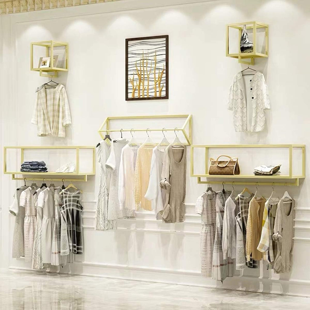 Creative Square Display Garment Racks in Boutique Clothing Stores, Wall-Mounted Hanging Clothes Shelf in Home, Towel Racks for Bathroom Storage Shelves (Gold, 39' L)