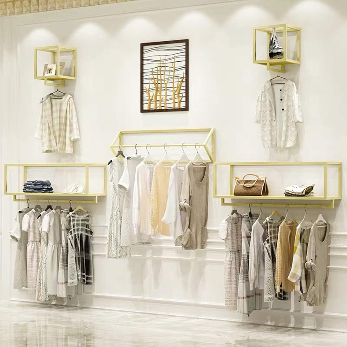 Creative Square Display Garment Racks in Boutique Clothing Stores, Wall-Mounted Hanging Clothes Shelf in Home, Towel Racks for Bathroom Storage Shelves (Gold, 39' L)
