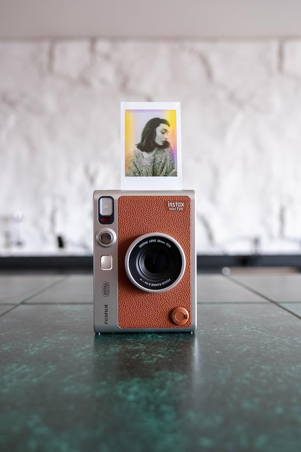 Fujifilm Instax Mini EVO Instant Camera with Sunshine Photo Microfiber Cleaning Cloth (Camera + 2 Twin Packs, Brown)