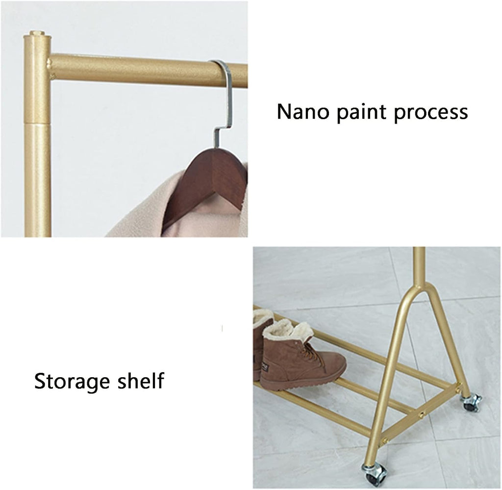 Modern Clothing Rack On Wheels,Heavy Duty Metal Garment Rack for Hanging Clothes,Gold Display Rack for Boutique Retail and Bedroom,Easy Assemble