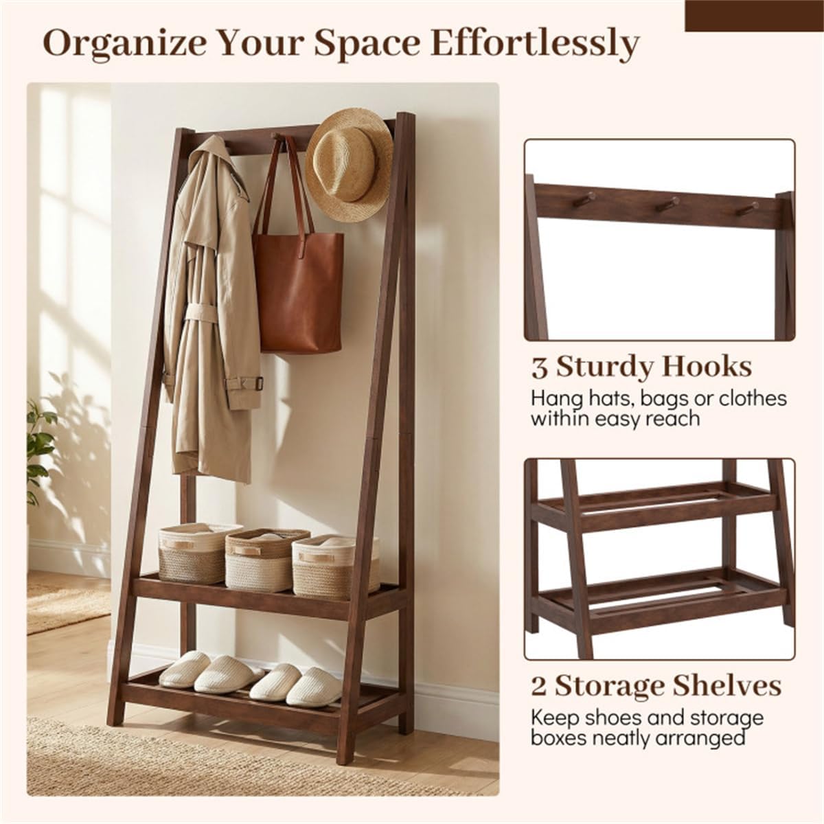 Coat Rack With Hooks and Shelf, Freestanding Wooden Hanger, Entryway Hall Tree, Rustic Mudroom Organizer, Coat Stand for Small Space, Wooden Entryway Furniture, Garment Rack with Storage
