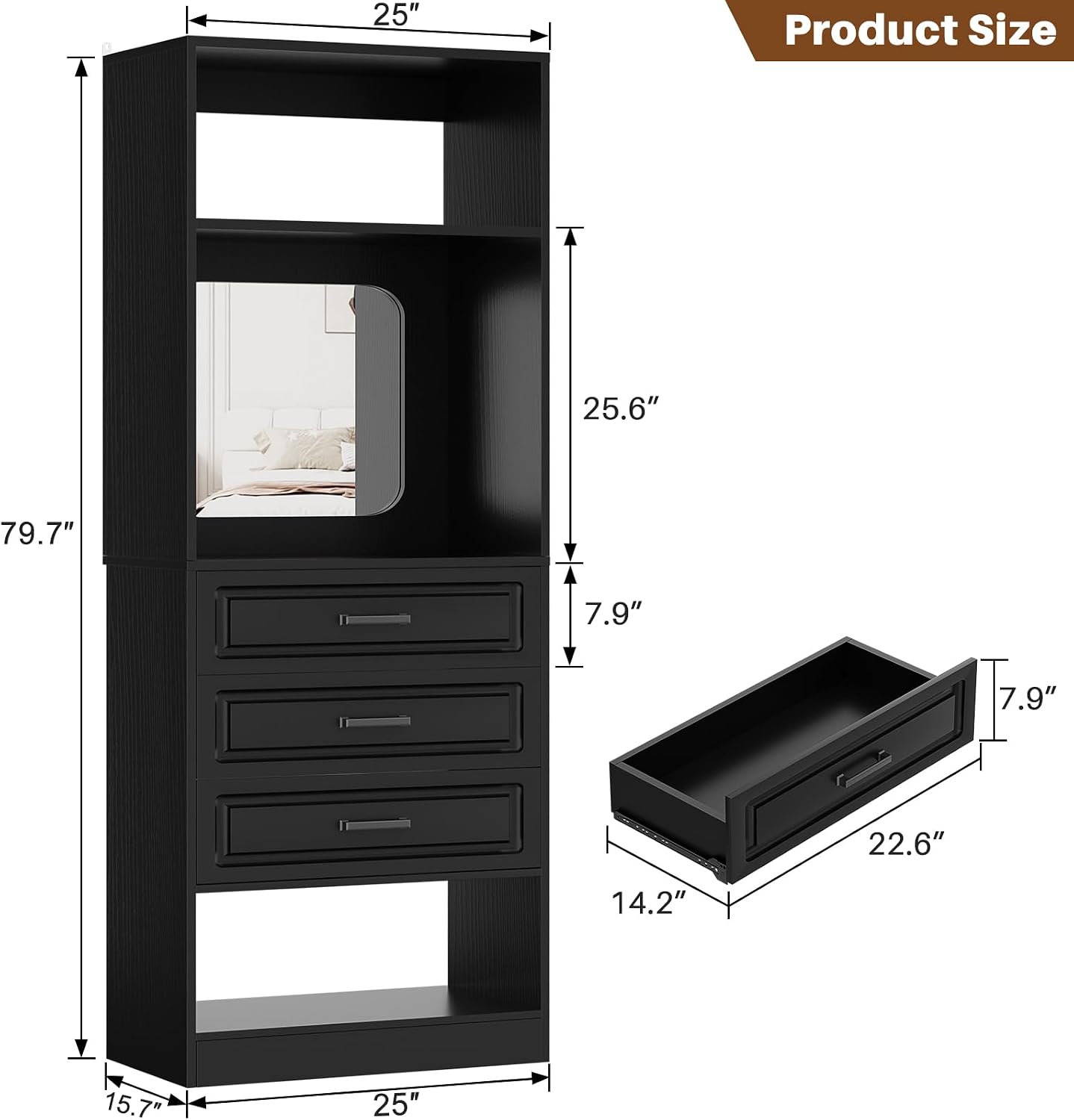 Unikito 25'Freestanding Closet System with 3 Drawers, Organizer Wardrobe with Storage Shelves and Mirror, Sturdy Wood Walk-in Organizer Systems for Small Closets, 25' W x 16' D x 80' H, Black